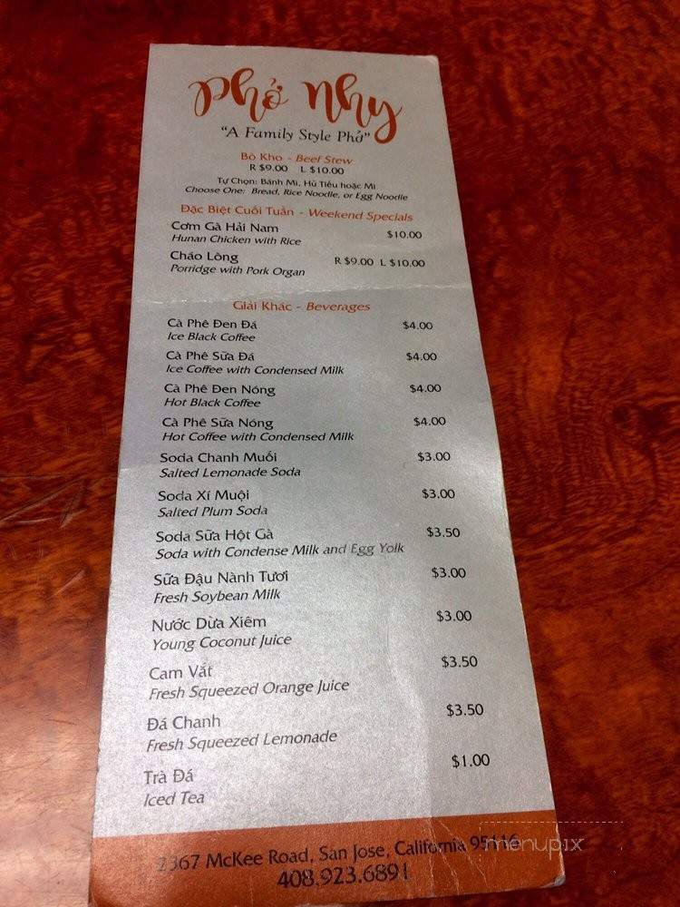 Pho Nhy - San Jose, CA menu_pic