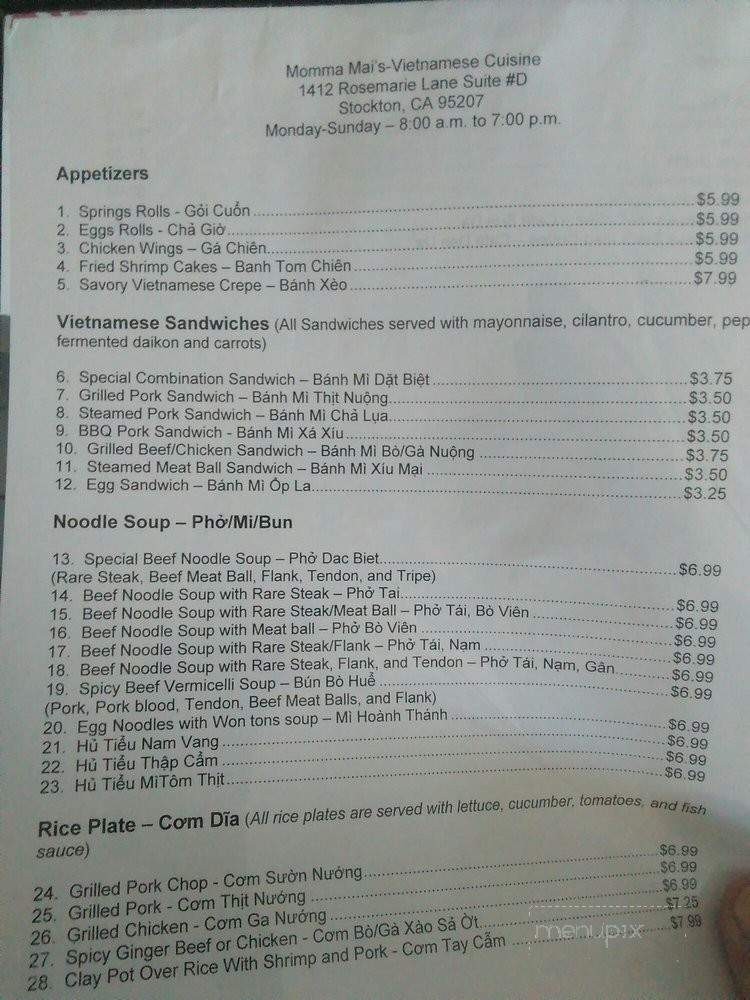 Mama Mai's - Stockton, CA menu_pic
