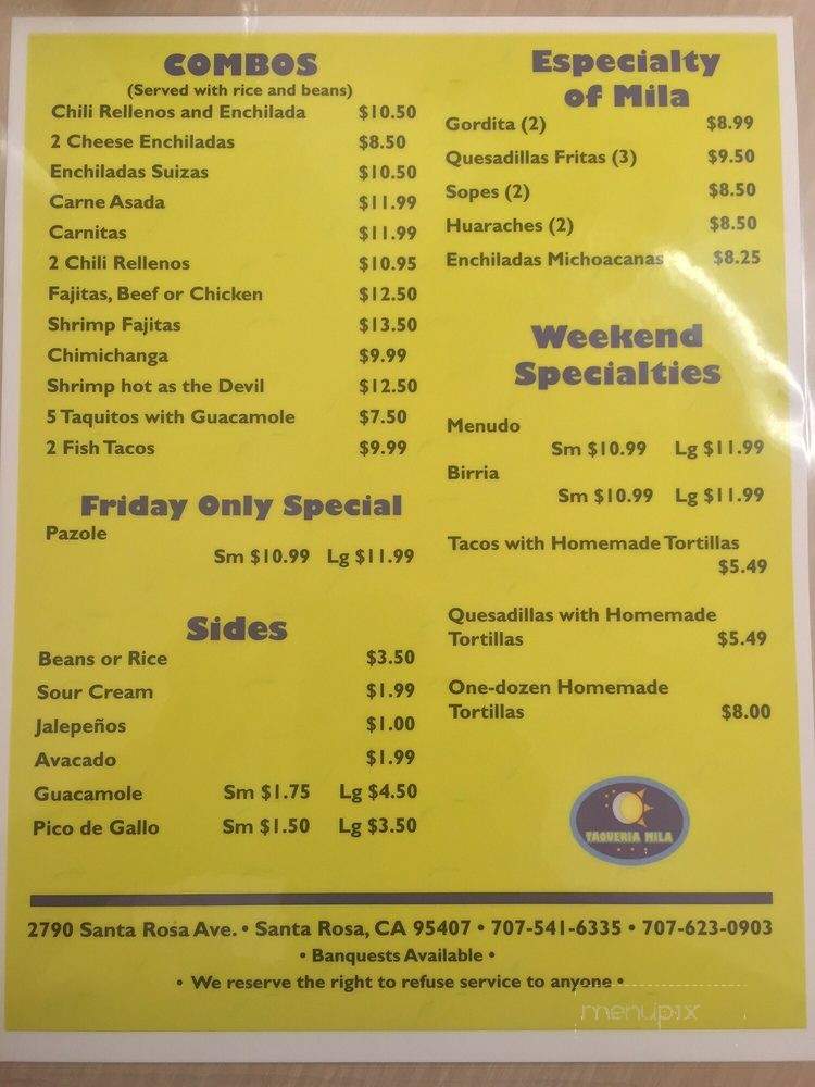 Taqueria Mila - Santa Rosa, CA menu_pic