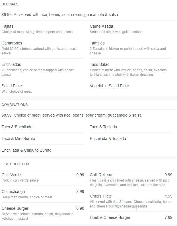 Paco's Tacos - Laytonville, CA menu_pic