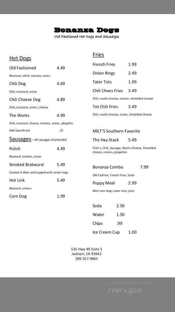 Bonanza Dogs - Jackson, CA menu_pic