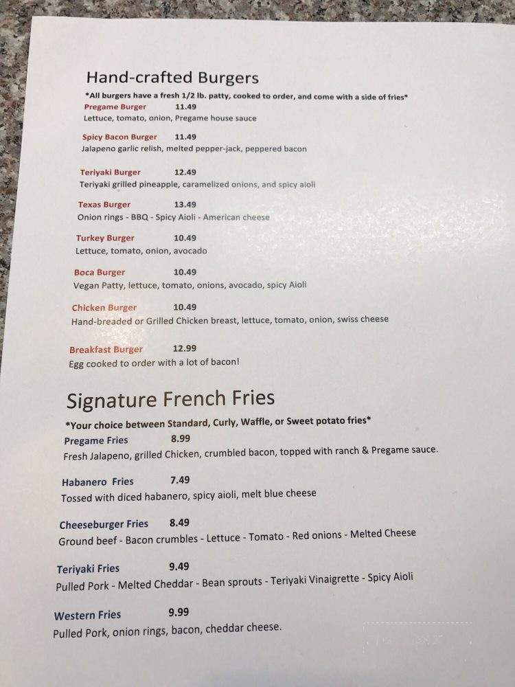 Pregame Burgers & Beer - Sacramento, CA menu_pic