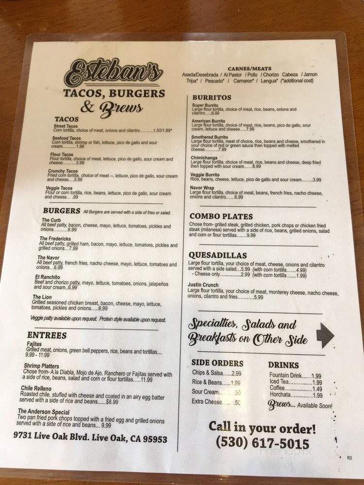Esteban's Tacos, Burgers & Brews - Live Oak, CA menu_pic