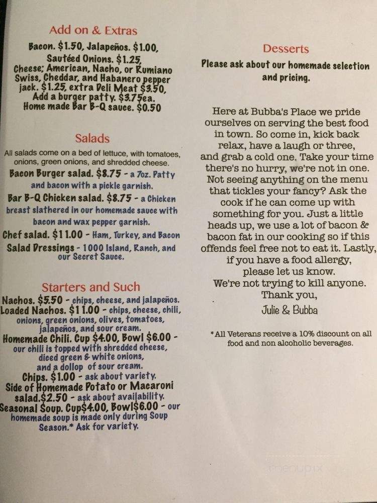 Bubba's Place - Willows, CA menu_pic