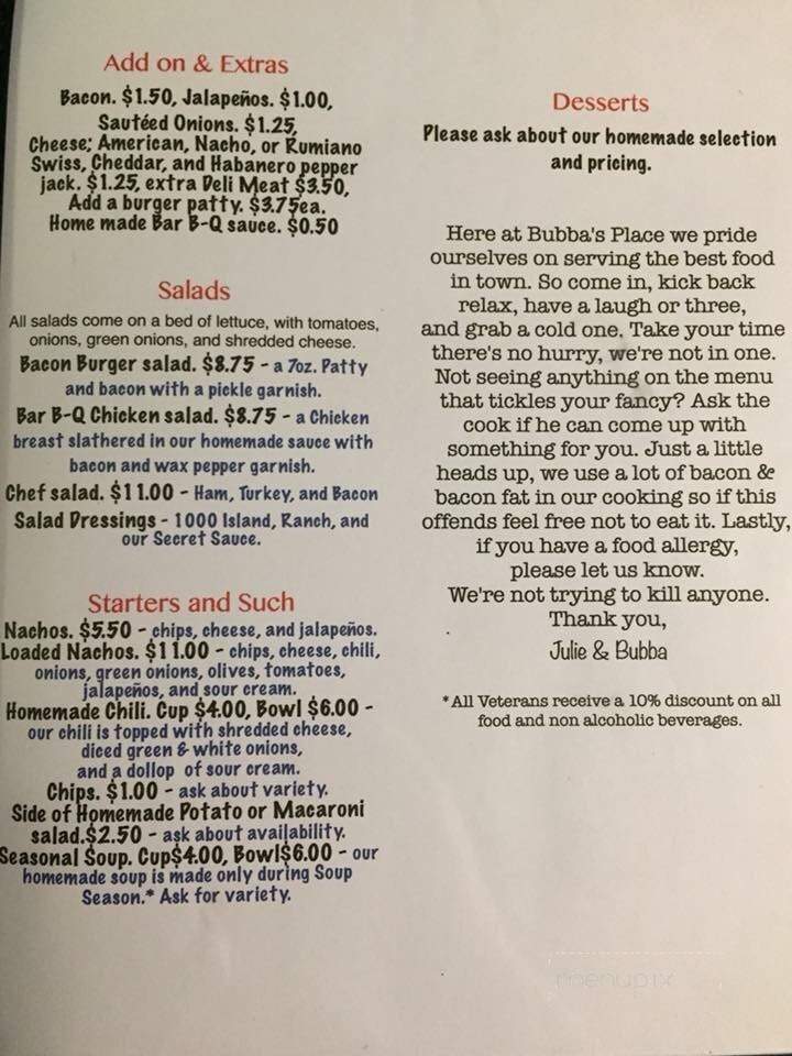 Bubba's Place - Willows, CA menu_pic