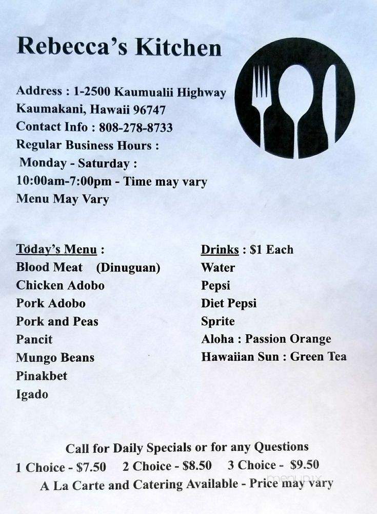 Rebecca's Kitchen - Kaumakani, HI menu_pic