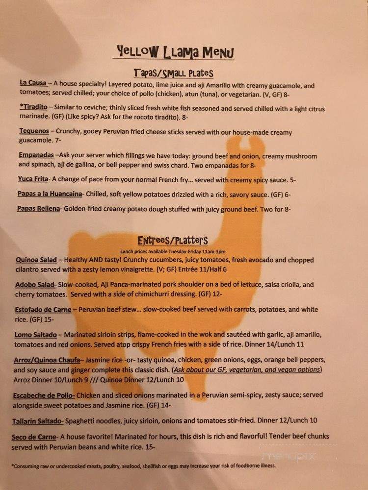 Yellow Llama - Forest Grove, OR menu_pic