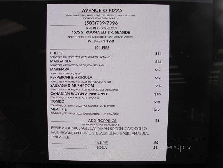 Avenue Q Pizza - Seaside, OR menu_pic