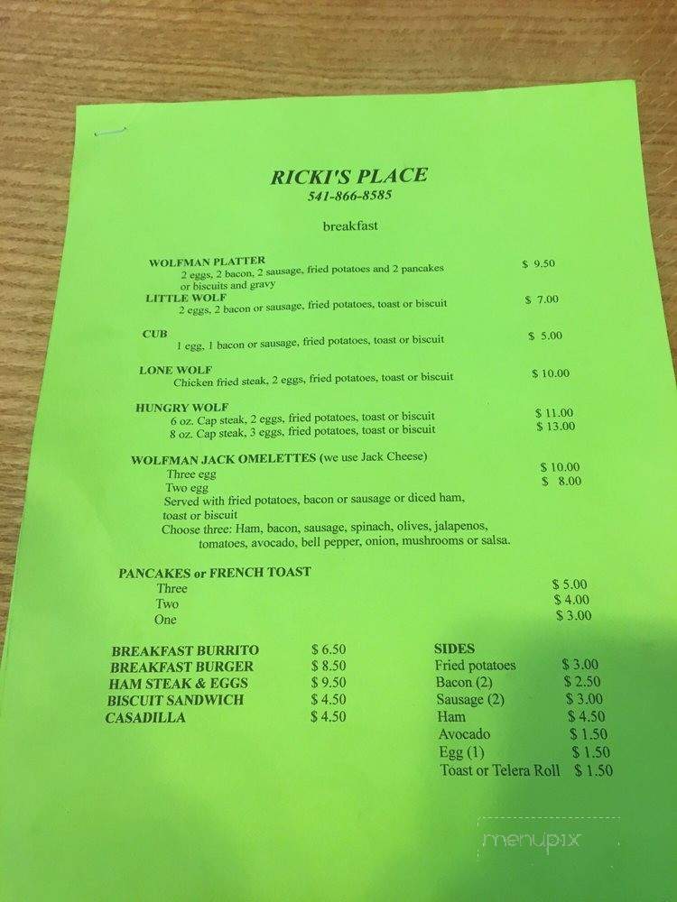 Ricki's Place - Wolf Creek, OR menu_pic