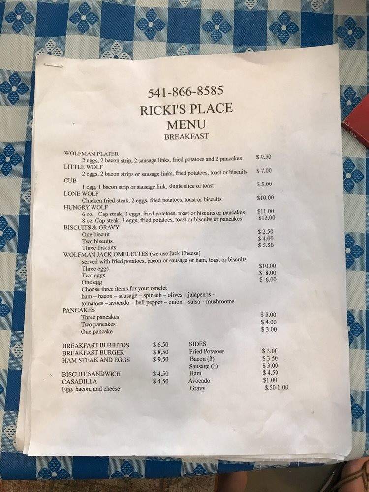 Ricki's Place - Wolf Creek, OR menu_pic