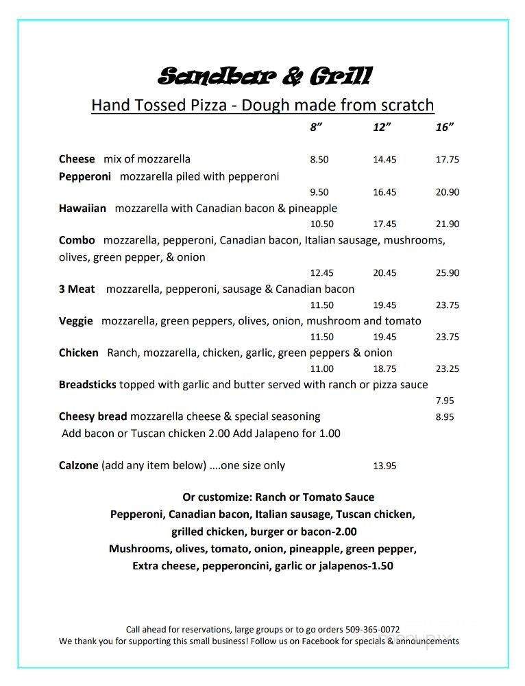 Sandbar & Grill - Lyle, WA menu_pic