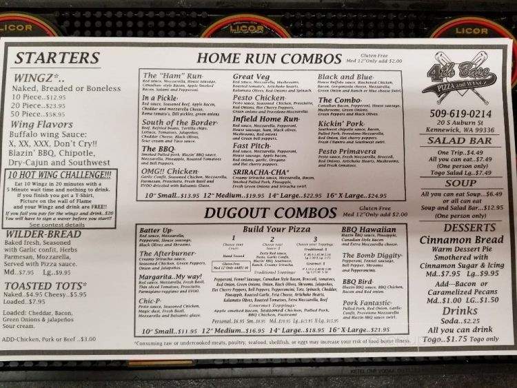 4th Base Pizza and Wingz - Kennewick, WA menu_pic