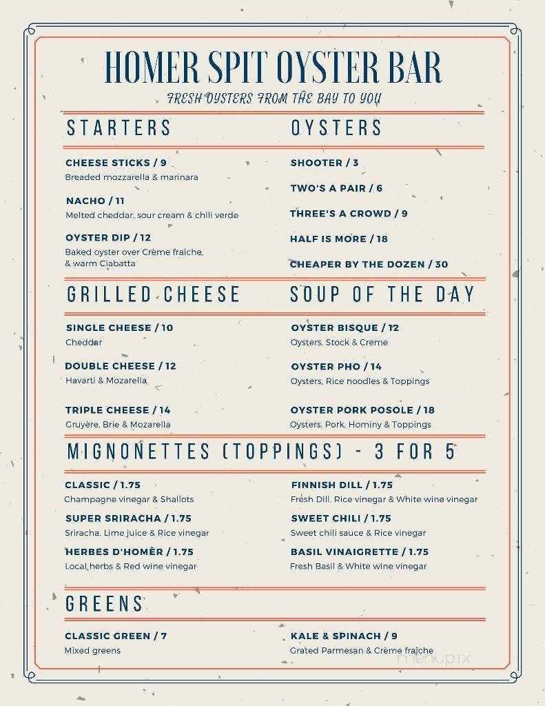 Homer Spit Oyster Bar - Homer, AK menu_pic