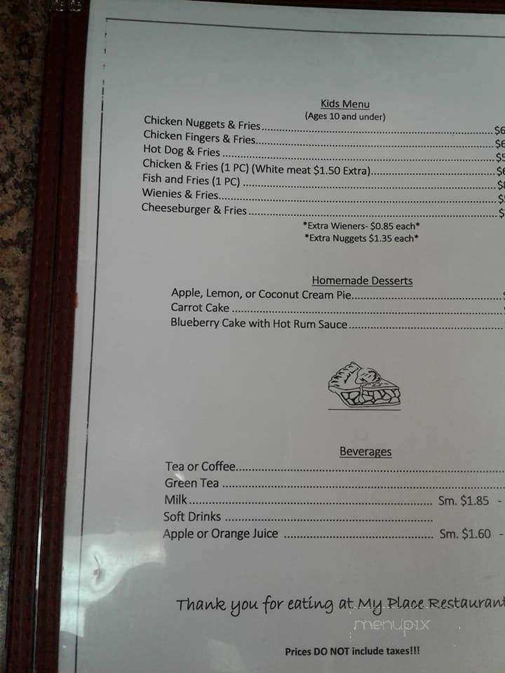 My Place Restaurant - Carbonear, NL menu_pic