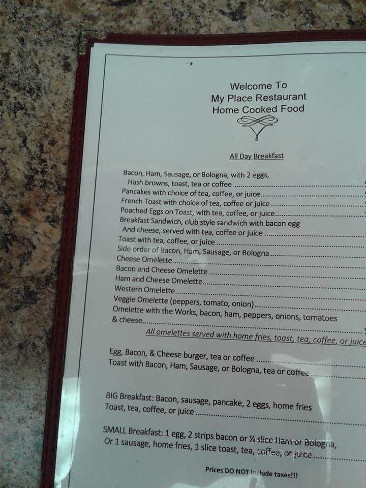 My Place Restaurant - Carbonear, NL menu_pic