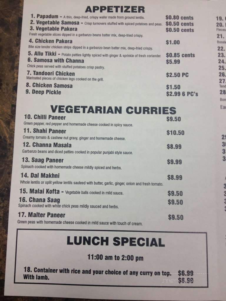 Menu of India Curry House in Belleville, ON K8P 3C2