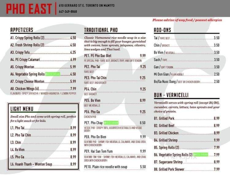 Pho East - Toronto, ON menu_pic