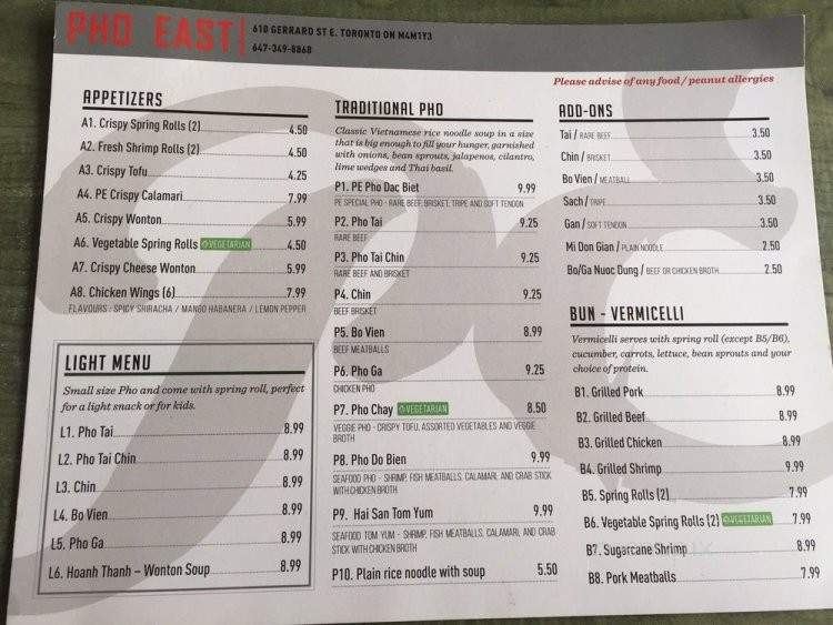 Pho East - Toronto, ON menu_pic