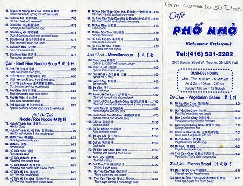 Cafe Pho Nho - Toronto, ON menu_pic