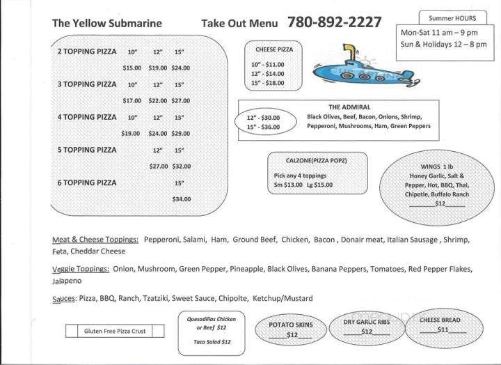 Yellow Submarine - Wabamun, AB menu_pic
