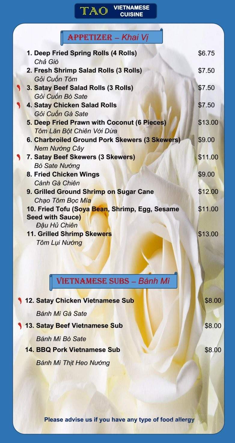 TAO Vietnamese Cuisine - Calgary, AB menu_pic