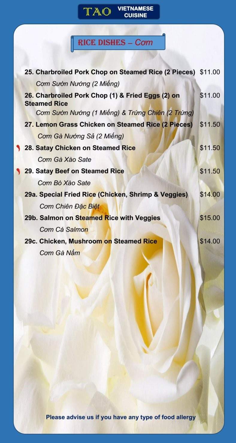 TAO Vietnamese Cuisine - Calgary, AB menu_pic