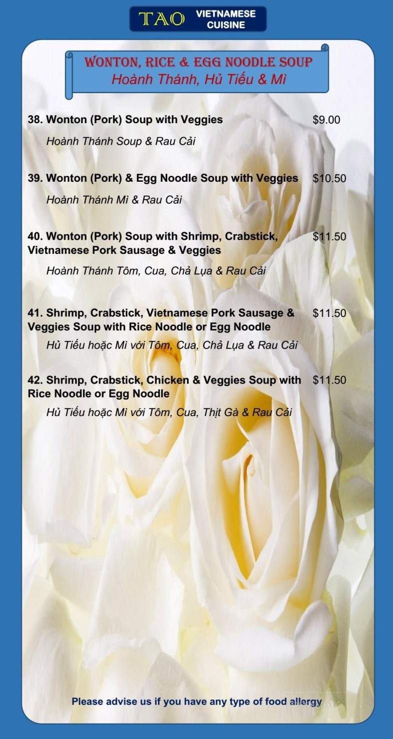 TAO Vietnamese Cuisine - Calgary, AB menu_pic