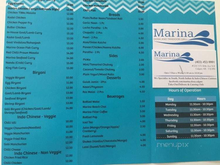Marina Dosa & Tandoori Grill - Calgary, AB menu_pic