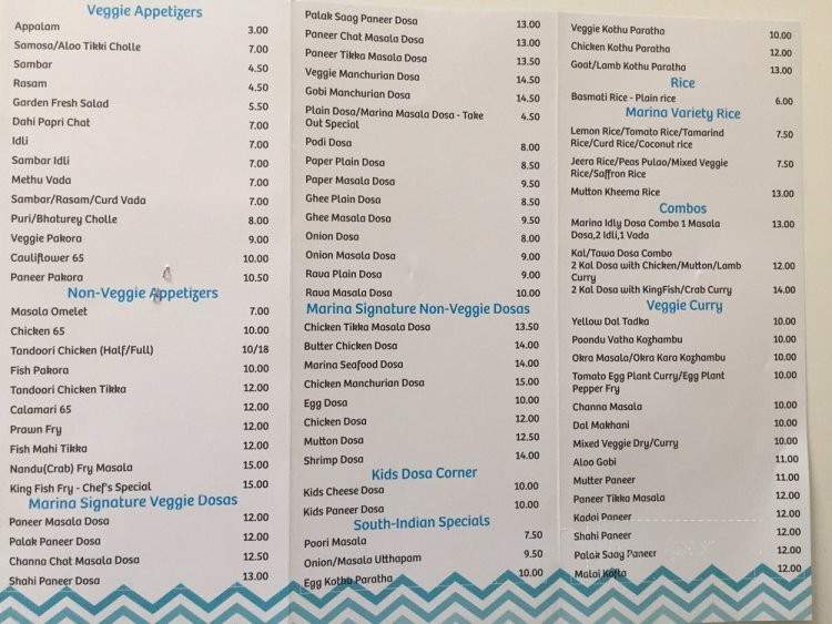 Marina Dosa & Tandoori Grill - Calgary, AB menu_pic