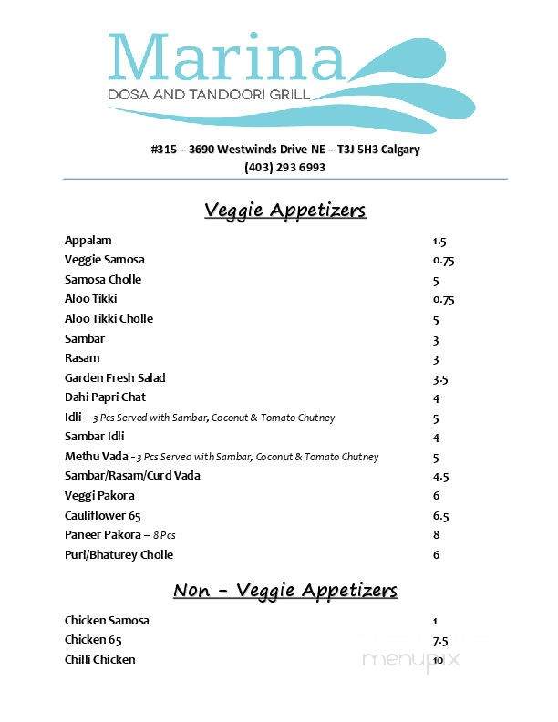Marina Dosa & Tandoori Grill - Calgary, AB menu_pic