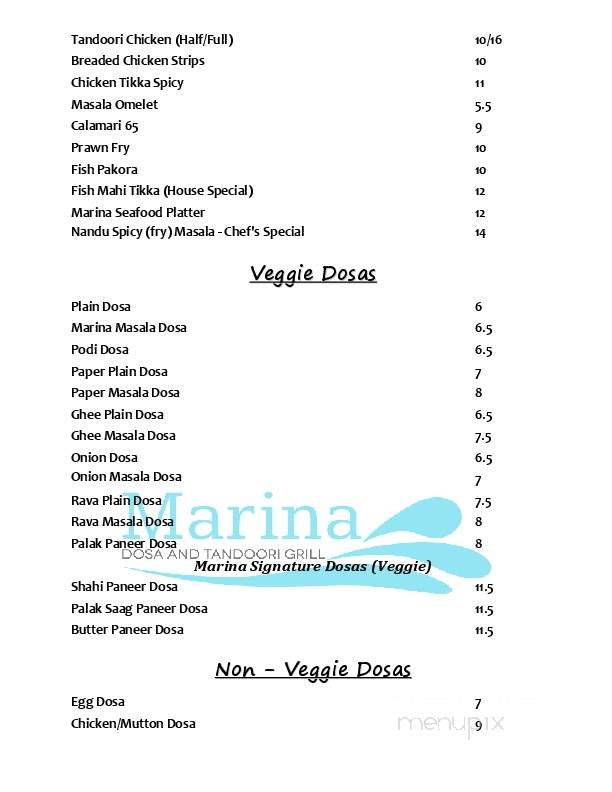 Marina Dosa & Tandoori Grill - Calgary, AB menu_pic