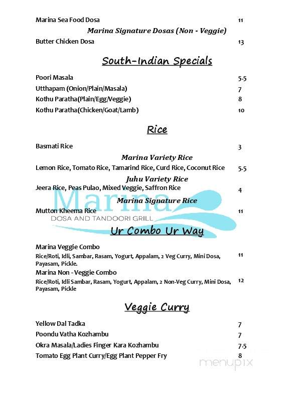 Marina Dosa & Tandoori Grill - Calgary, AB menu_pic