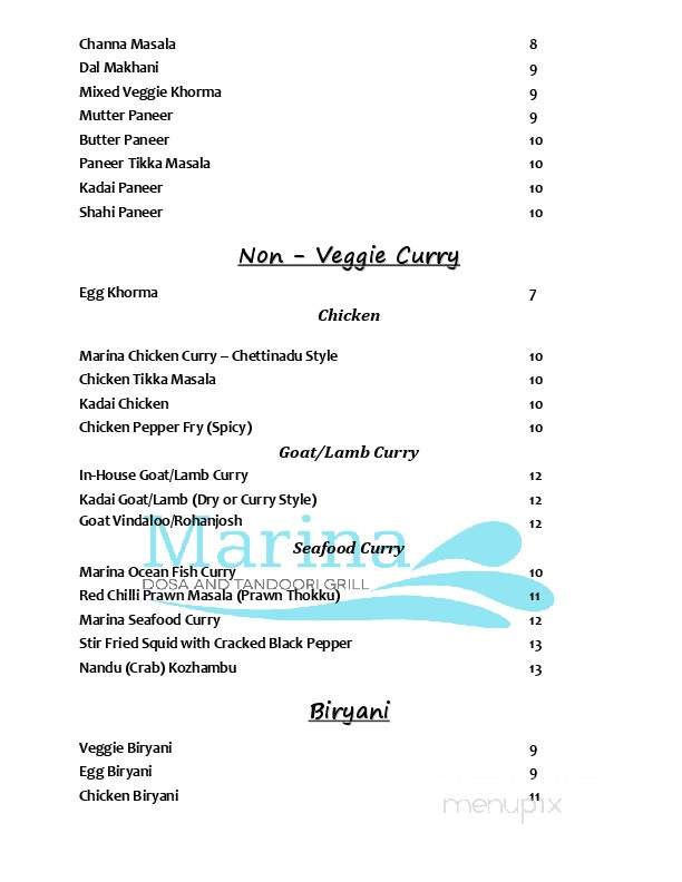 Marina Dosa & Tandoori Grill - Calgary, AB menu_pic