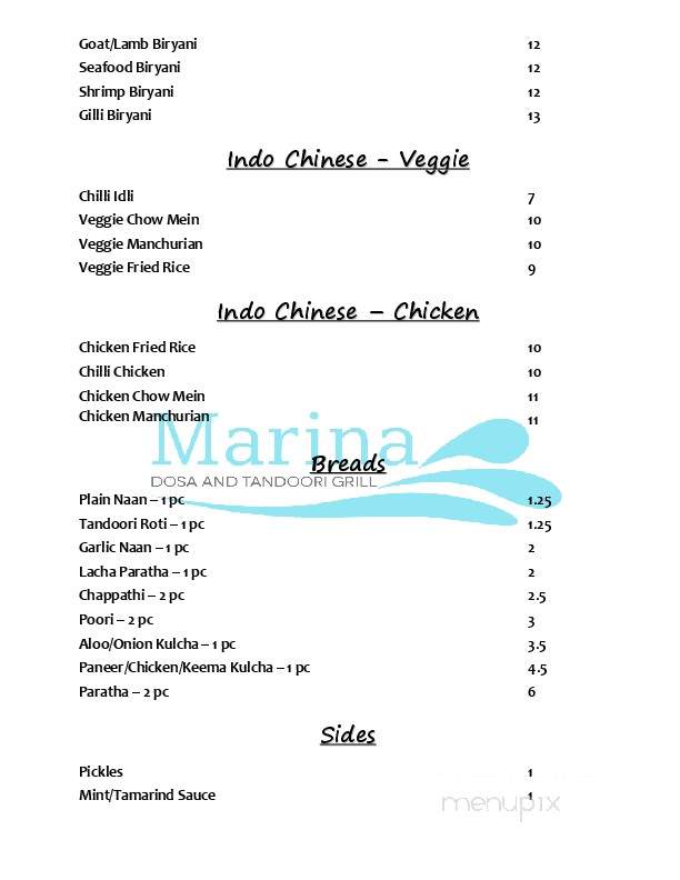Marina Dosa & Tandoori Grill - Calgary, AB menu_pic