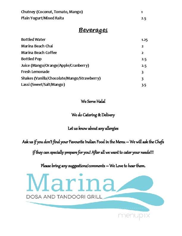 Marina Dosa & Tandoori Grill - Calgary, AB menu_pic
