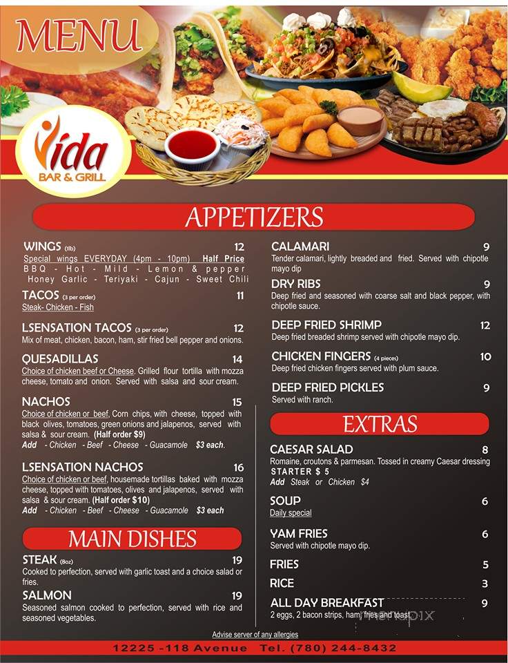 Vida Bar & Grill - Edmonton, AB menu_pic