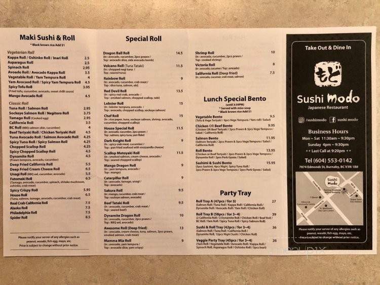 Sushi Modo - Burnaby, BC menu_pic