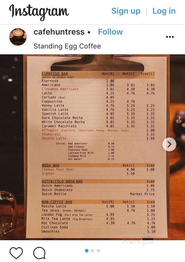 Standing Egg Coffee - Burnaby, BC menu_pic
