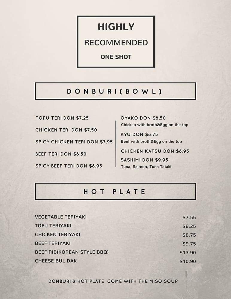 One Shot Asian Fusion Bistro - Vancouver, BC menu_pic