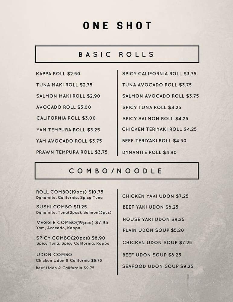 One Shot Asian Fusion Bistro - Vancouver, BC menu_pic
