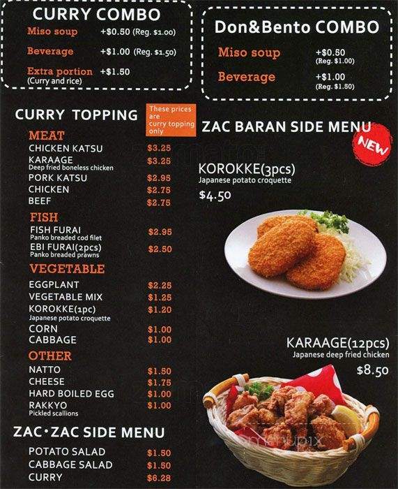 ZAC-ZAC Japanese Curry House - Vancouver, BC menu_pic