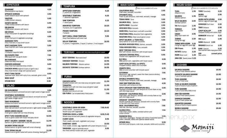 Momiji Japanese Cuisine - North Vancouver, BC menu_pic