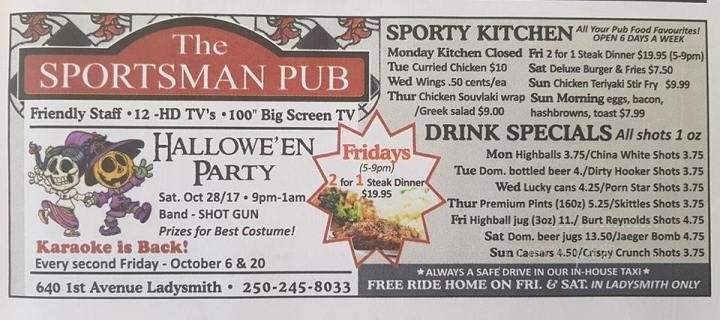 Sportsman Pub / Ladysmith Inn - Ladysmith, BC menu_pic