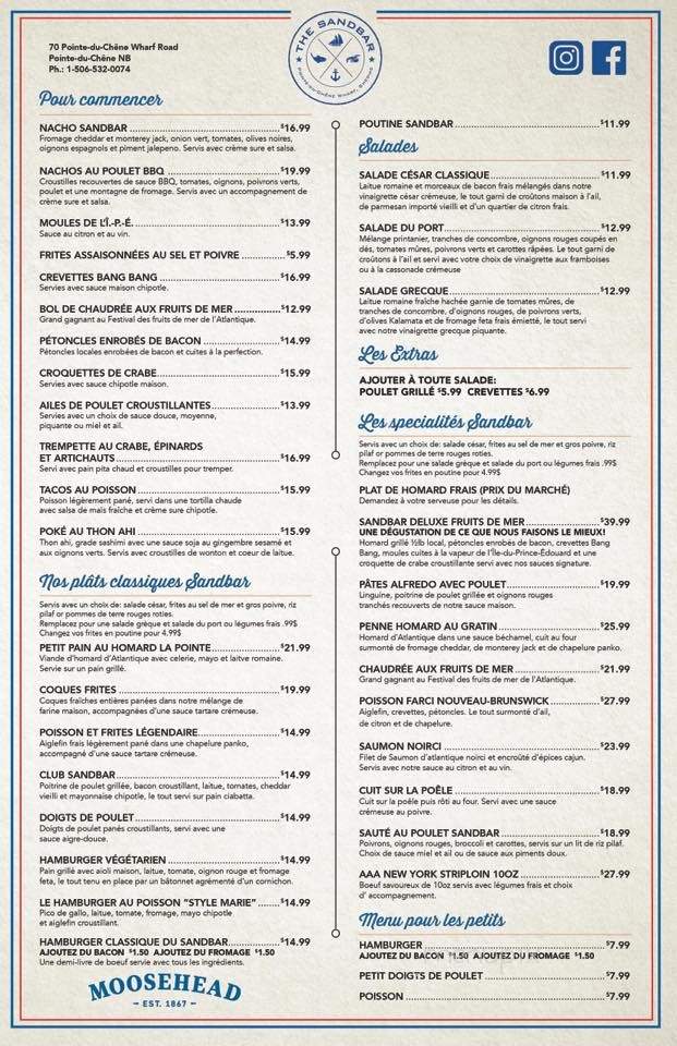 The Sandbar - Shediac, NB menu_pic