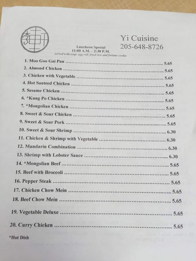 Yi Cuisine - Sumiton, AL menu_pic