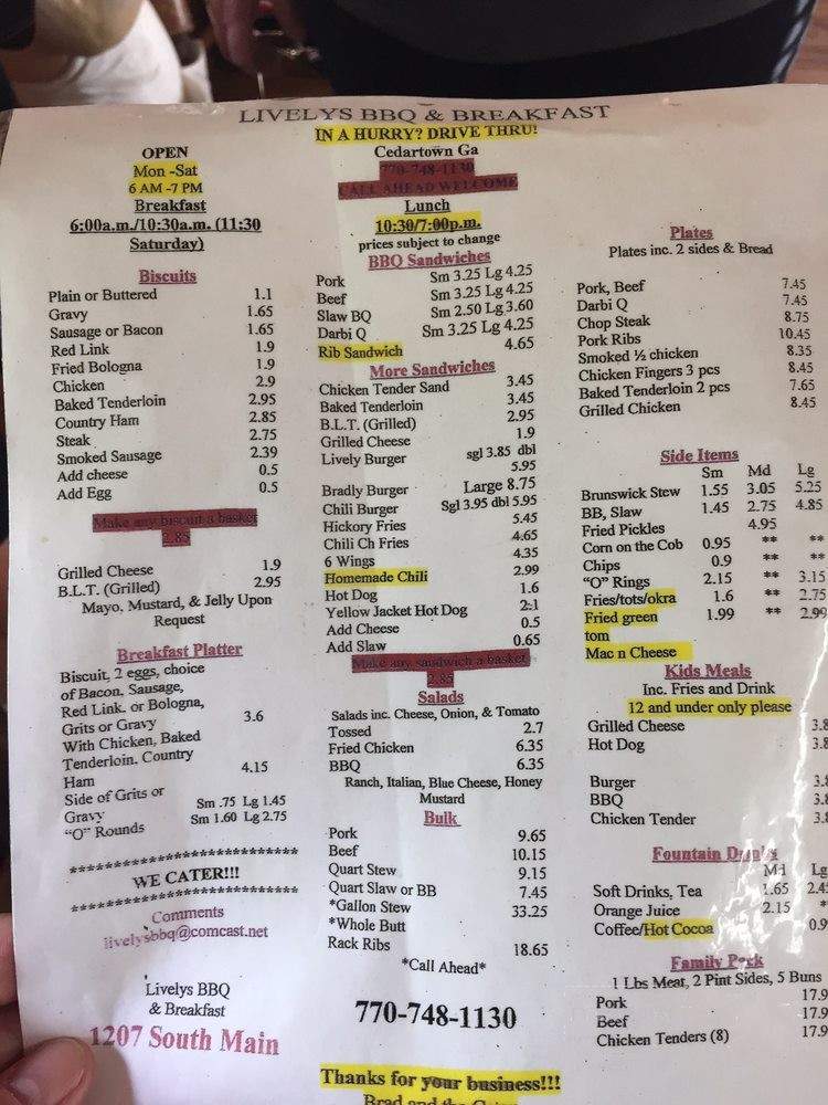 Lively's BBQ - Cedartown, GA menu_pic
