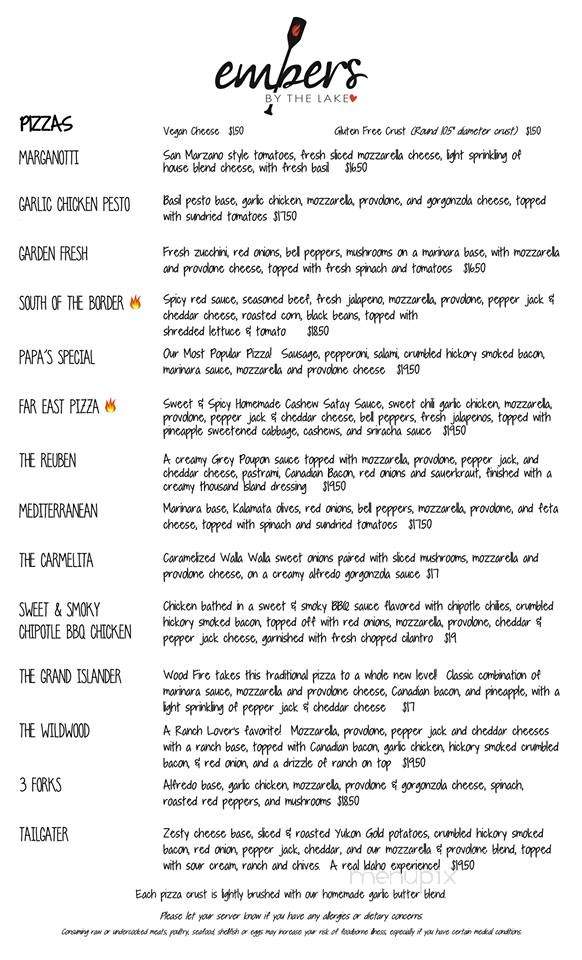 Embers By the Lake - Hauser, ID menu_pic