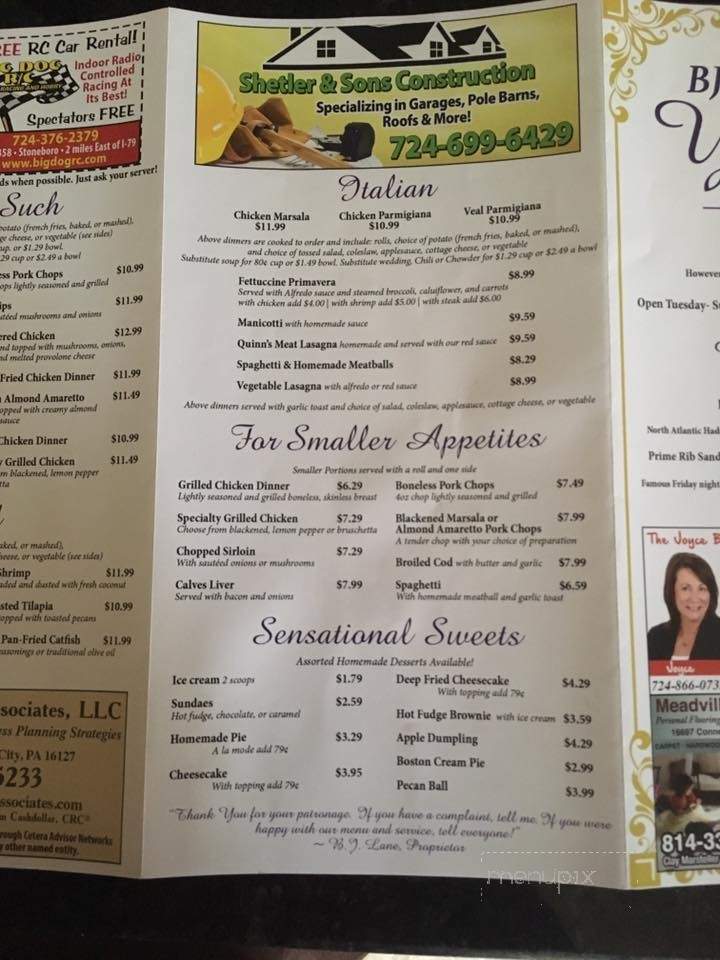 Yellow Creek Inn - Jackson Center, PA menu_pic