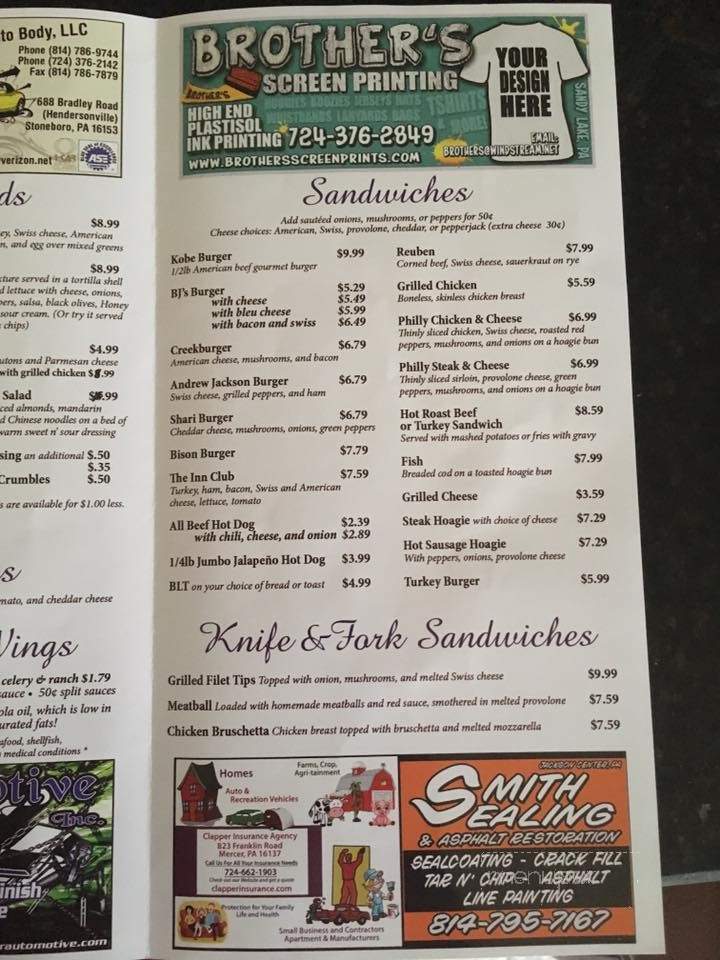 Yellow Creek Inn - Jackson Center, PA menu_pic