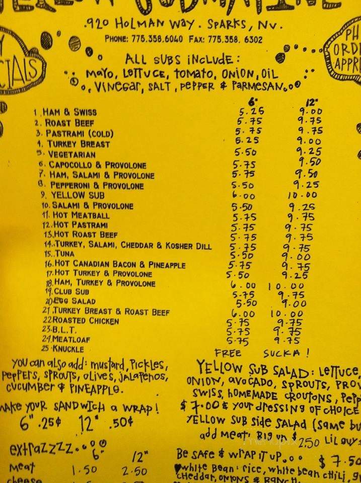 Yellow Submarine - Sparks, NV menu_pic